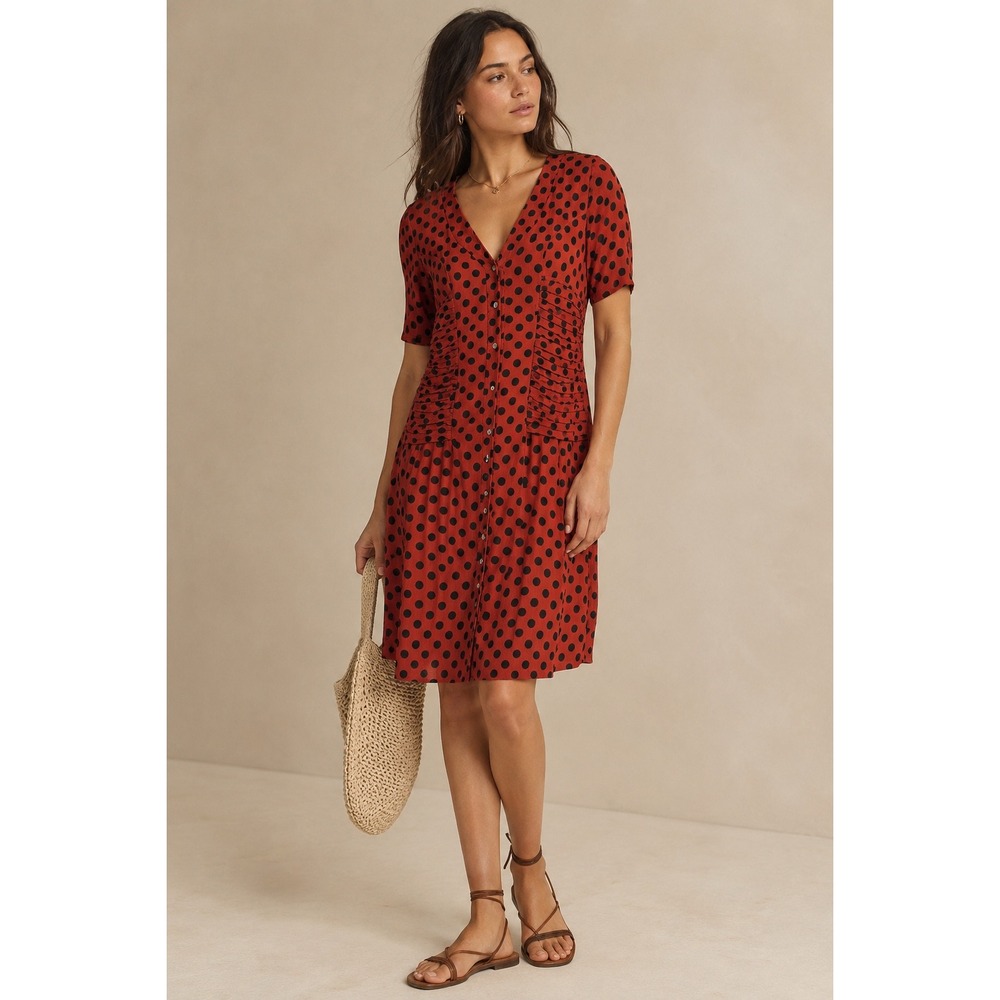 Ganni Red Polka Dot Ruched Button Front V-Neck Midi Dress Size Medium